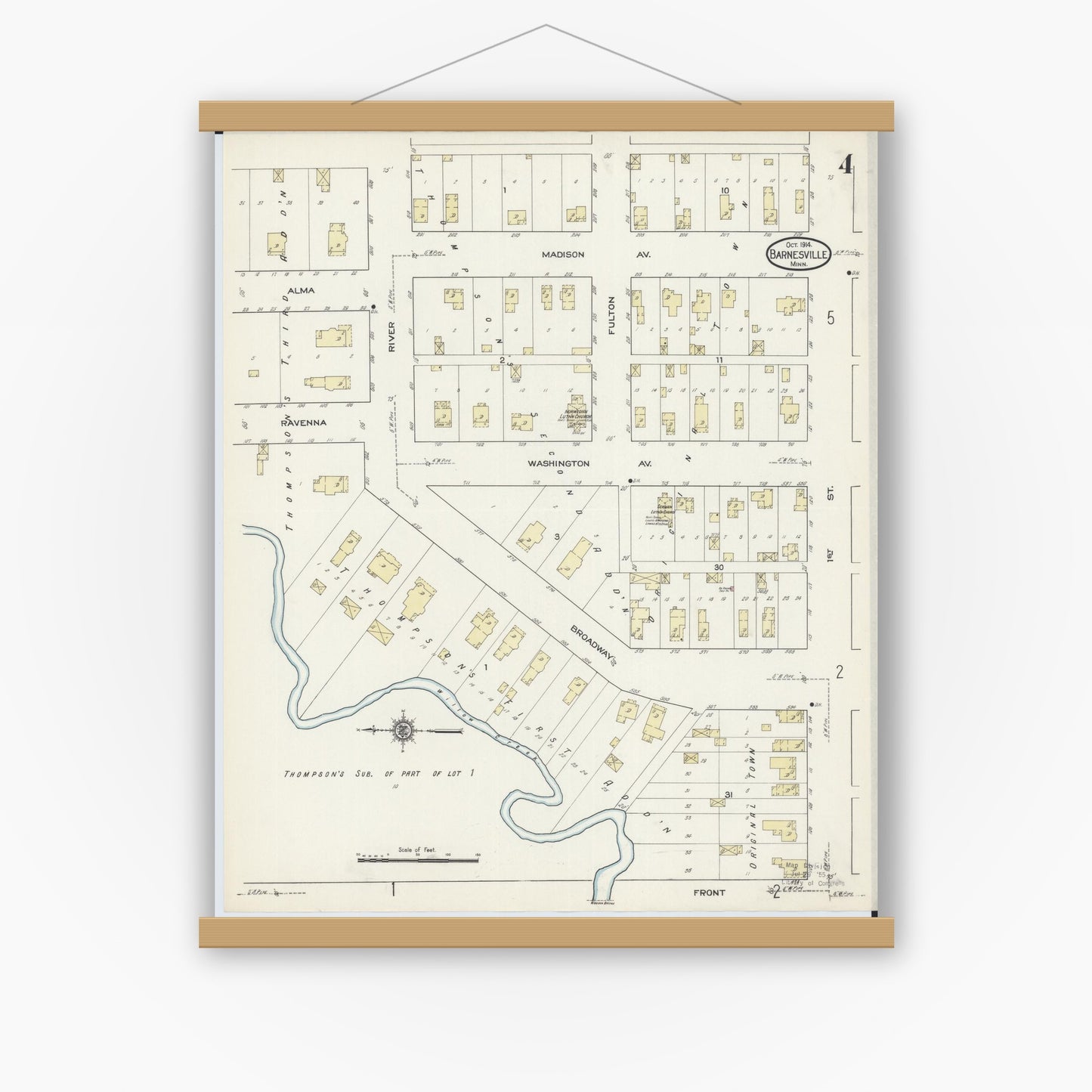 Old map wall art mockup — magnetic wood frame on white wall — Sanborn Fire Insurance Map from Barnesville, Clay County, Minnesota (1914), Sheet #0004