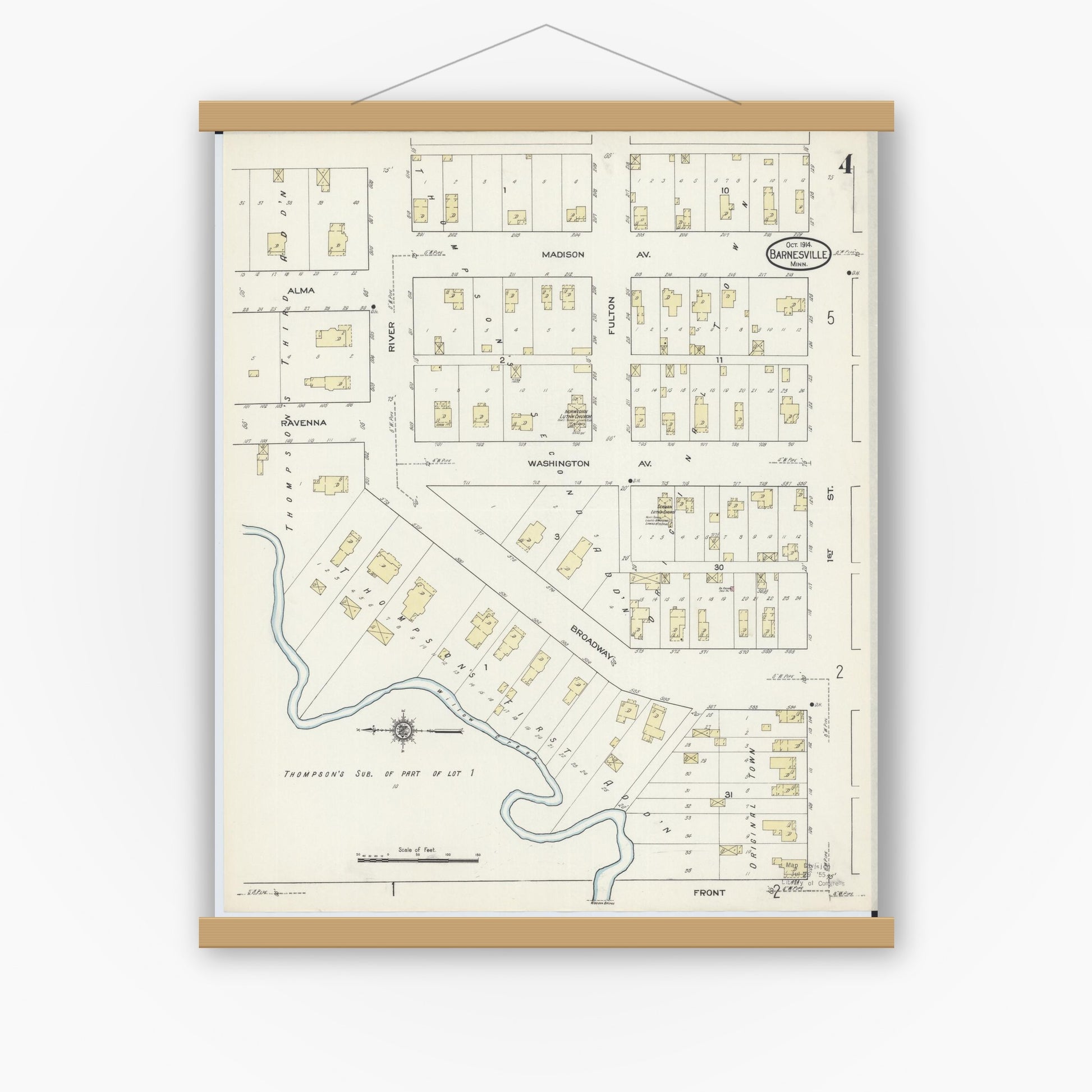 Old map wall art mockup — magnetic wood frame on white wall — Sanborn Fire Insurance Map from Barnesville, Clay County, Minnesota (1914), Sheet #0004