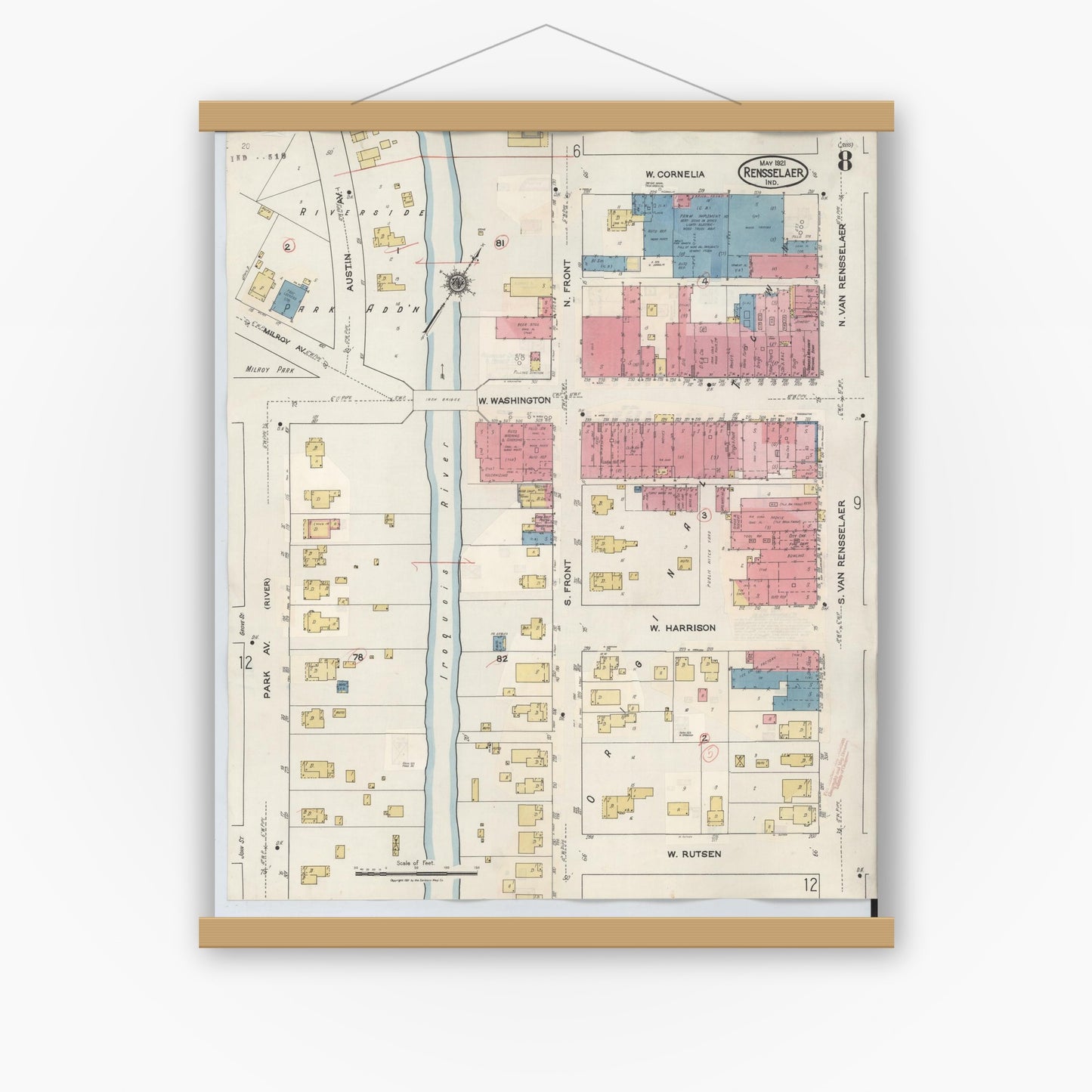 Old map wall art mockup — magnetic wood frame on white wall — Sanborn Fire Insurance Map from Rensselaer, Jasper County, Indiana (1942), Sheet #0008