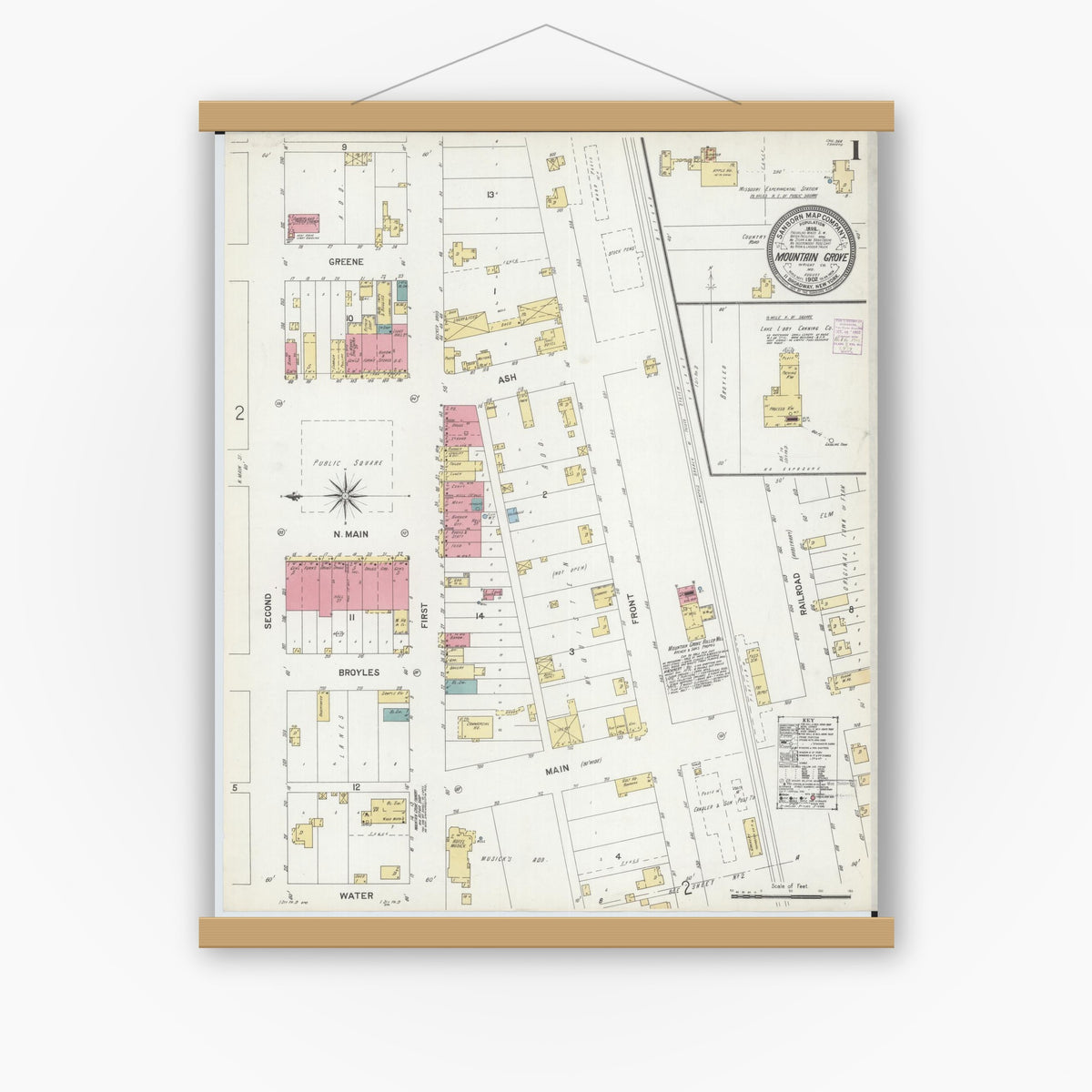 Old map wall art mockup — magnetic wood frame on white wall — Sanborn Fire Insurance Map from Mountain Grove, Wright County, Missouri (1902), Sheet #0001
