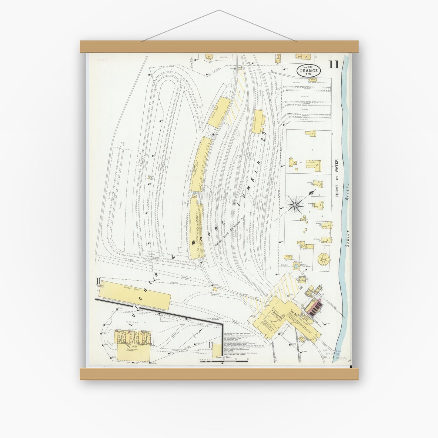 Old map wall art mockup — magnetic wood frame on white wall — Sanborn Fire Insurance Map from Orange, Orange County, Texas (1901), Sheet #0011