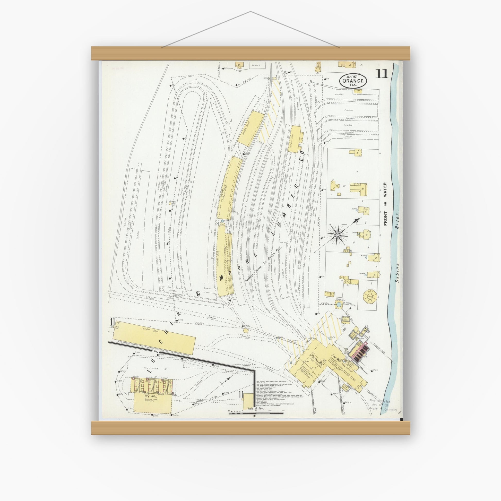 Old map wall art mockup — magnetic wood frame on white wall — Sanborn Fire Insurance Map from Orange, Orange County, Texas (1901), Sheet #0011
