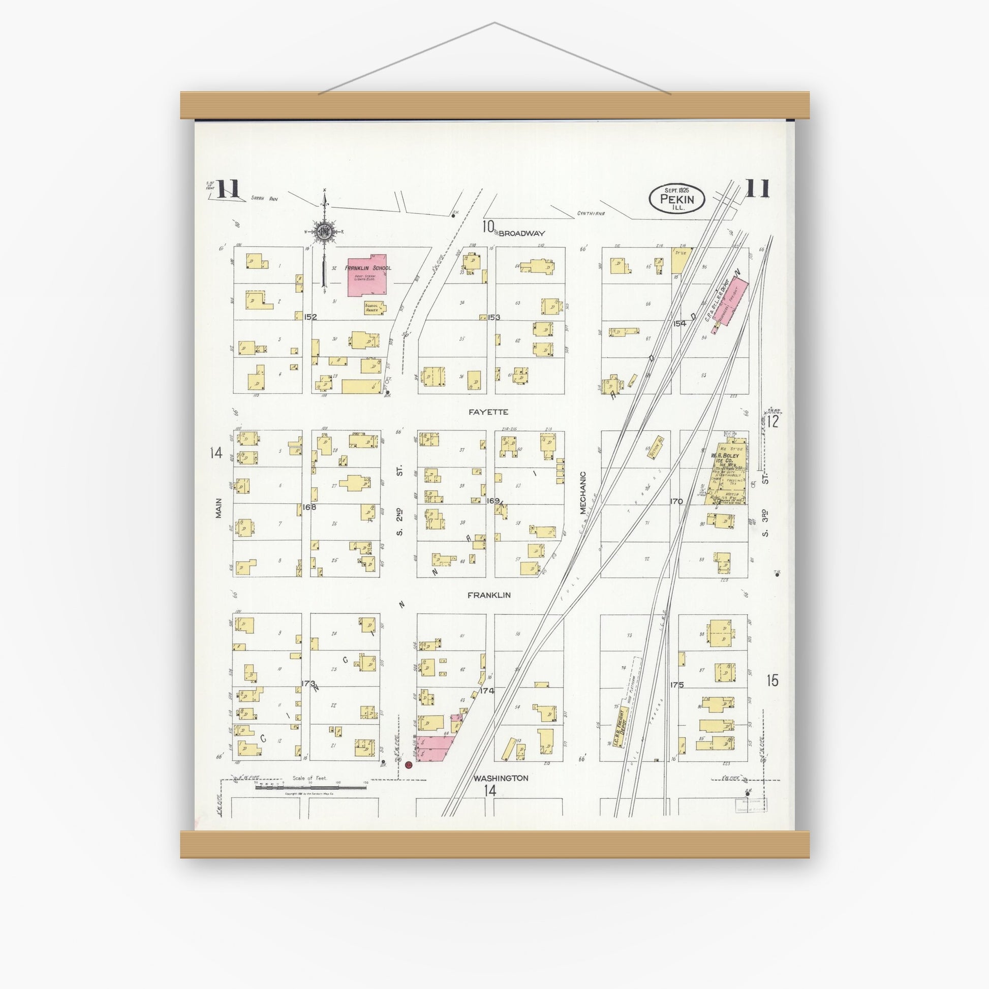 Old map wall art mockup — magnetic wood frame on white wall — Sanborn Fire Insurance Map from Pekin, Tazewell County, Illinois (1925), Sheet #0011