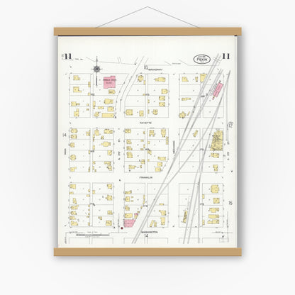 Old map wall art mockup — magnetic wood frame on white wall — Sanborn Fire Insurance Map from Pekin, Tazewell County, Illinois (1925), Sheet #0011