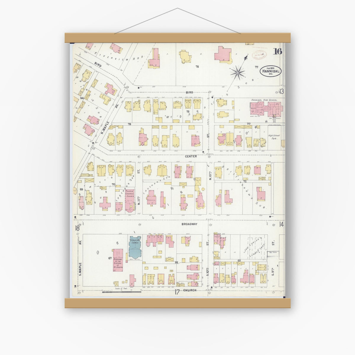 Old map wall art mockup — magnetic wood frame on white wall — Sanborn Fire Insurance Map from Hannibal, Marion County, Missouri (1899), Sheet #0016