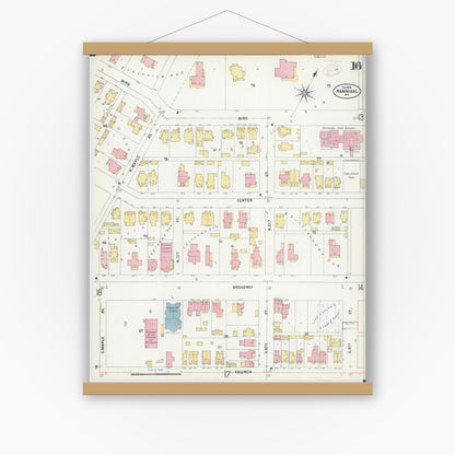 Old map wall art mockup — magnetic wood frame on white wall — Sanborn Fire Insurance Map from Hannibal, Marion County, Missouri (1899), Sheet #0016