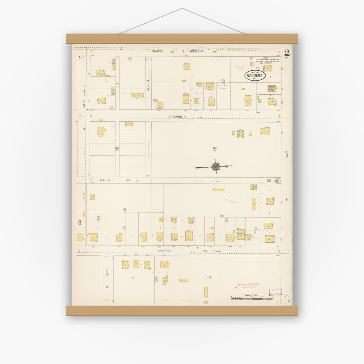 Old map wall art mockup — magnetic wood frame on white wall — Sanborn Fire Insurance Map from Gardena, Los Angeles County, California (1912), Sheet #0002