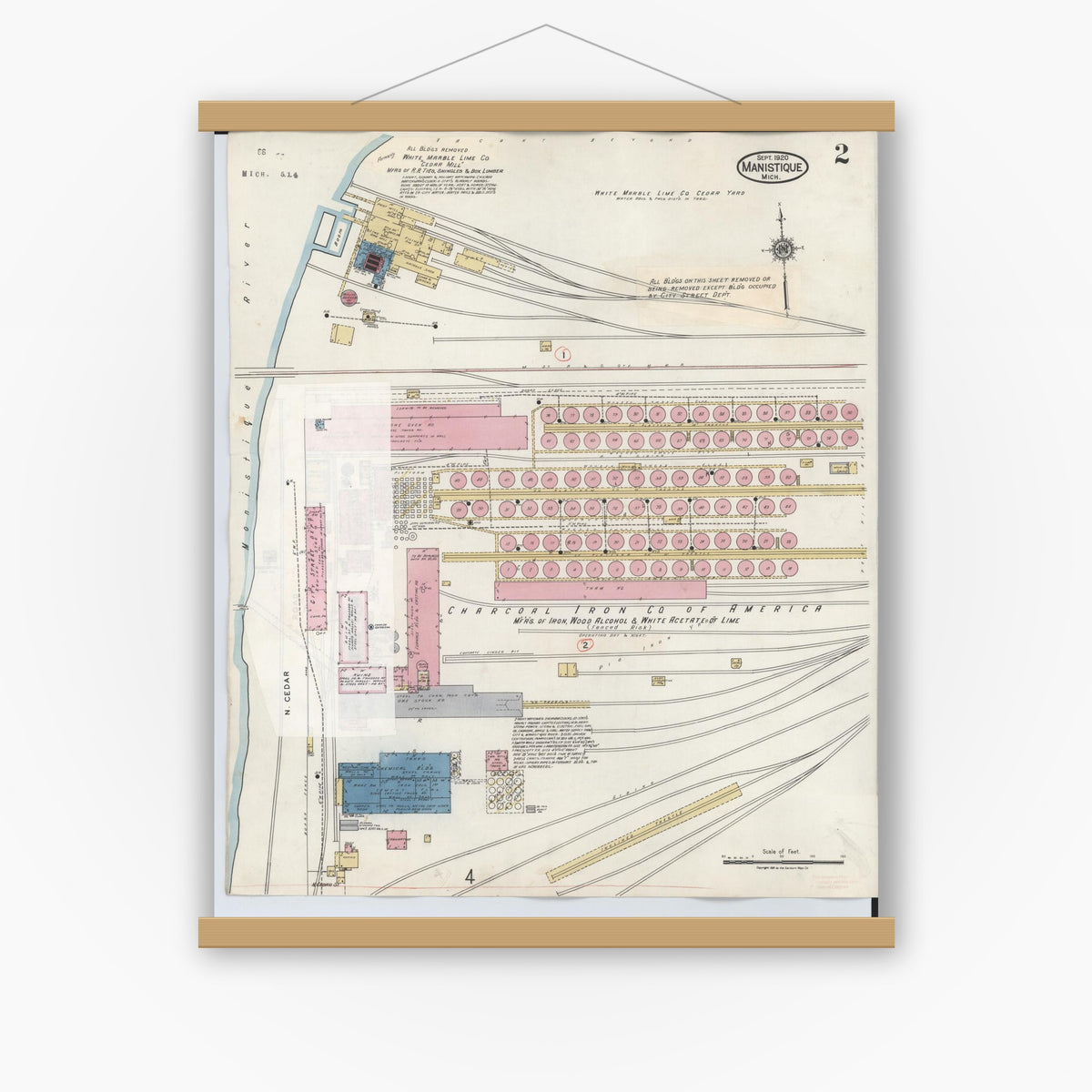 Old map wall art mockup — magnetic wood frame on white wall — Sanborn Fire Insurance Map from Manistique, Schoolcraft County, Michigan (1950), Sheet #0002