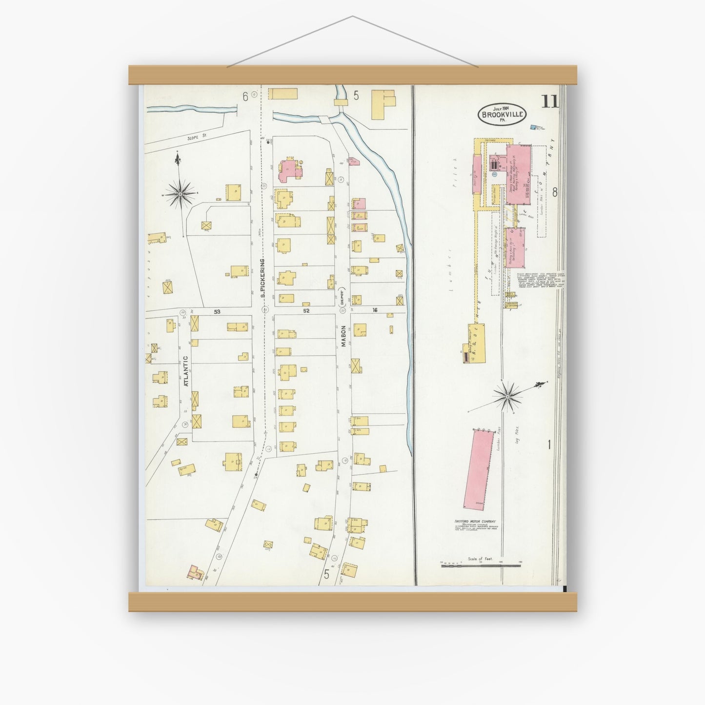 Old map wall art mockup — magnetic wood frame on white wall — Sanborn Fire Insurance Map from Brookville, Jefferson County, Pennsylvania (1904), Sheet #0011