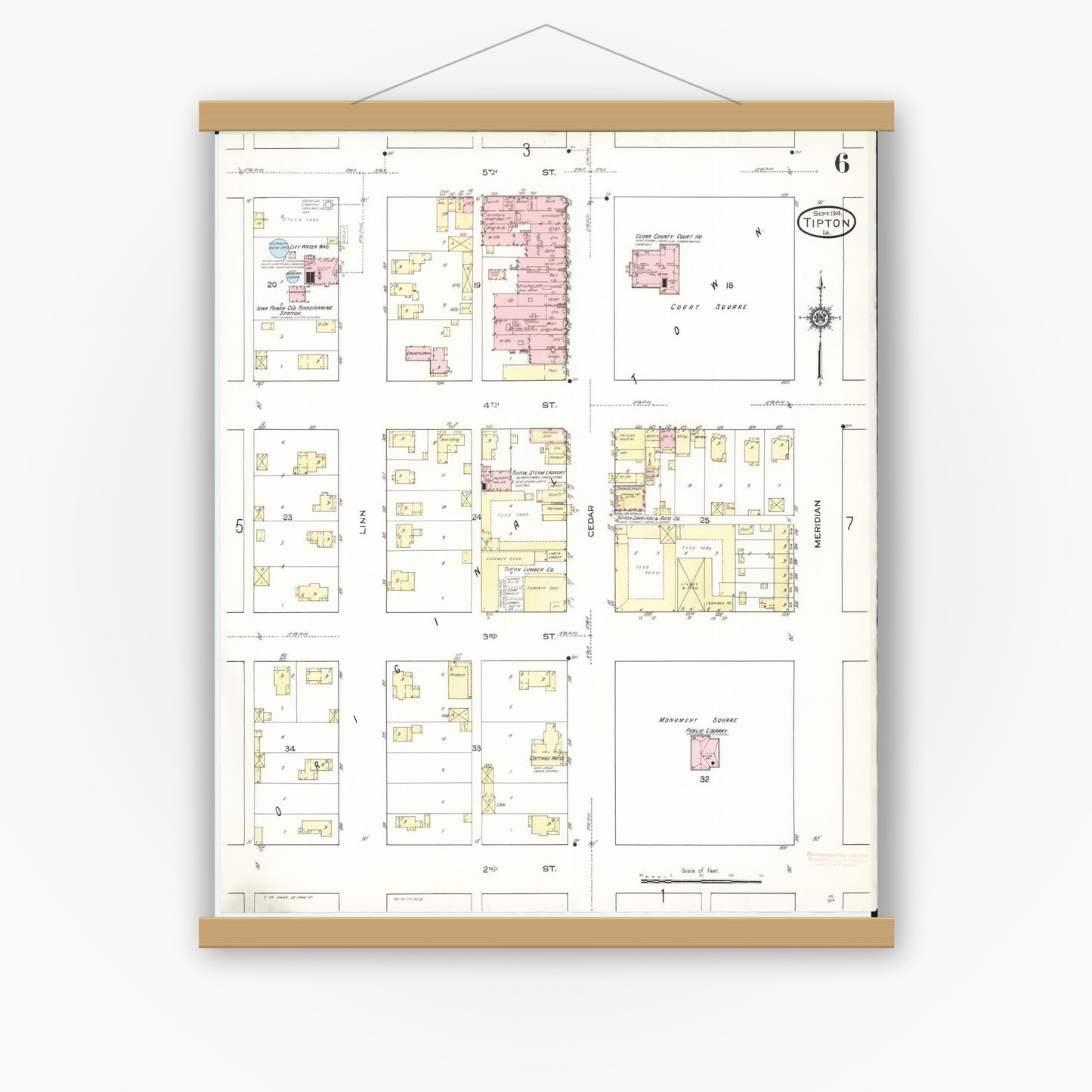 Old map wall art mockup — magnetic wood frame on white wall — Sanborn Fire Insurance Map from Tipton, Cedar County, Iowa (1914), Sheet #0006