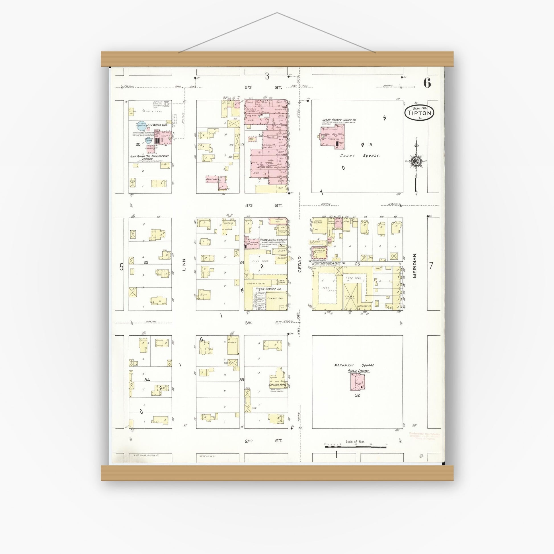 Old map wall art mockup — magnetic wood frame on white wall — Sanborn Fire Insurance Map from Tipton, Cedar County, Iowa (1914), Sheet #0006