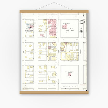 Old map wall art mockup — magnetic wood frame on white wall — Sanborn Fire Insurance Map from Tipton, Cedar County, Iowa (1914), Sheet #0006