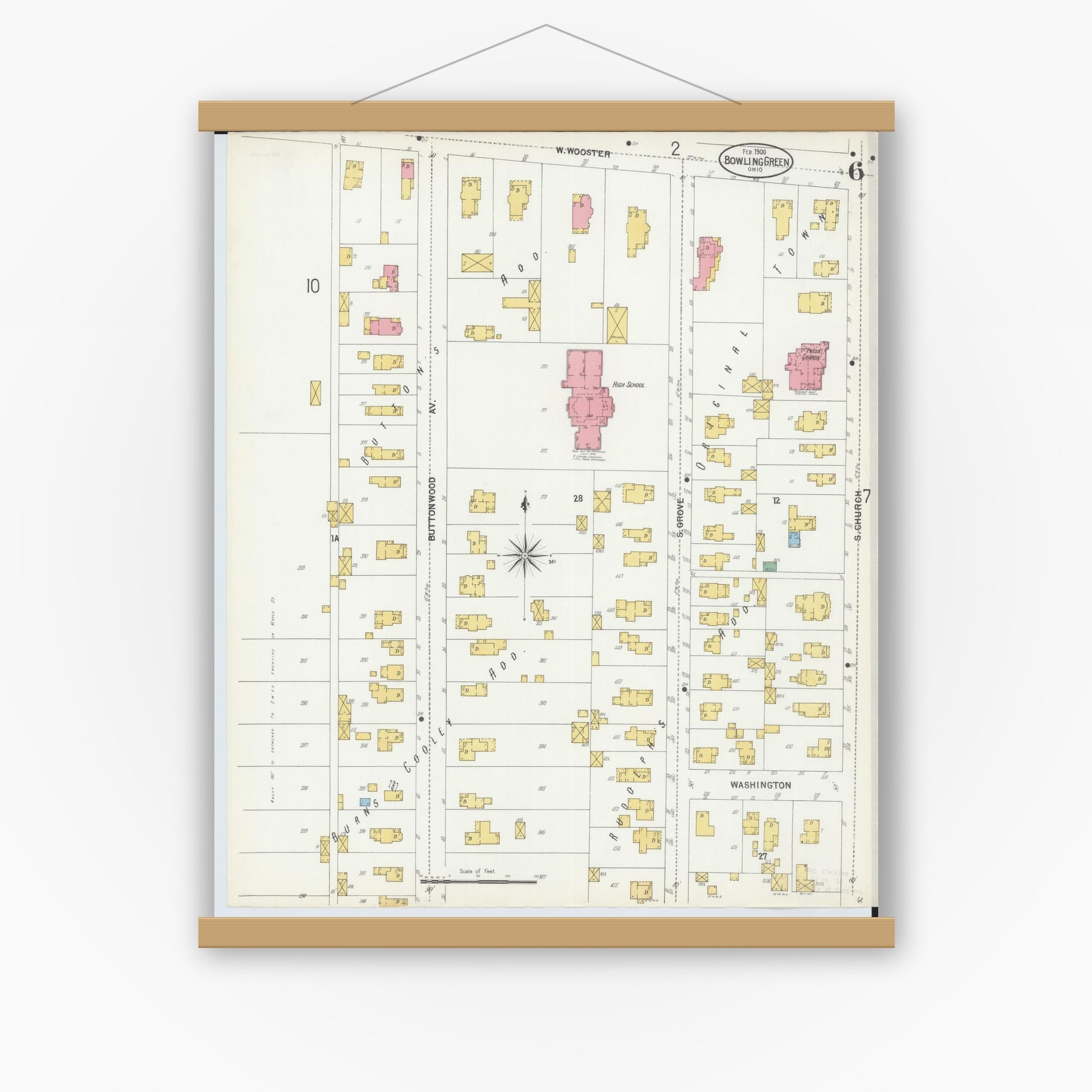 Old map wall art mockup — magnetic wood frame on white wall — Sanborn Fire Insurance Map from Bowling Green, Wood County, Ohio (1900), Sheet #0006