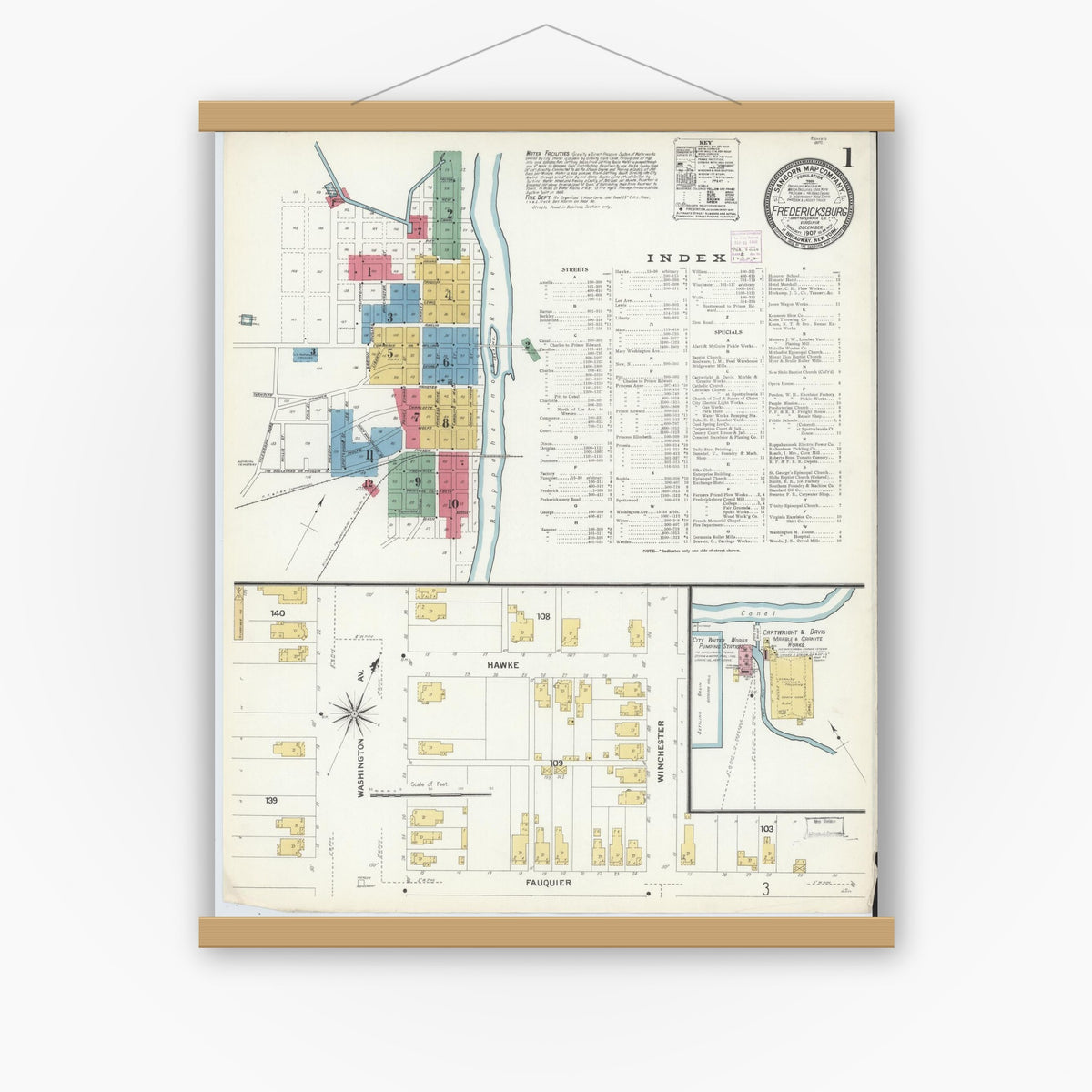 Old map wall art mockup — magnetic wood frame on white wall — Sanborn Fire Insurance Map from Fredericksburg, Independent Cities, Virginia (1907) - Complete Map Set