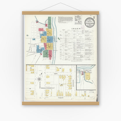 Old map wall art mockup — magnetic wood frame on white wall — Sanborn Fire Insurance Map from Fredericksburg, Independent Cities, Virginia (1907) - Complete Map Set