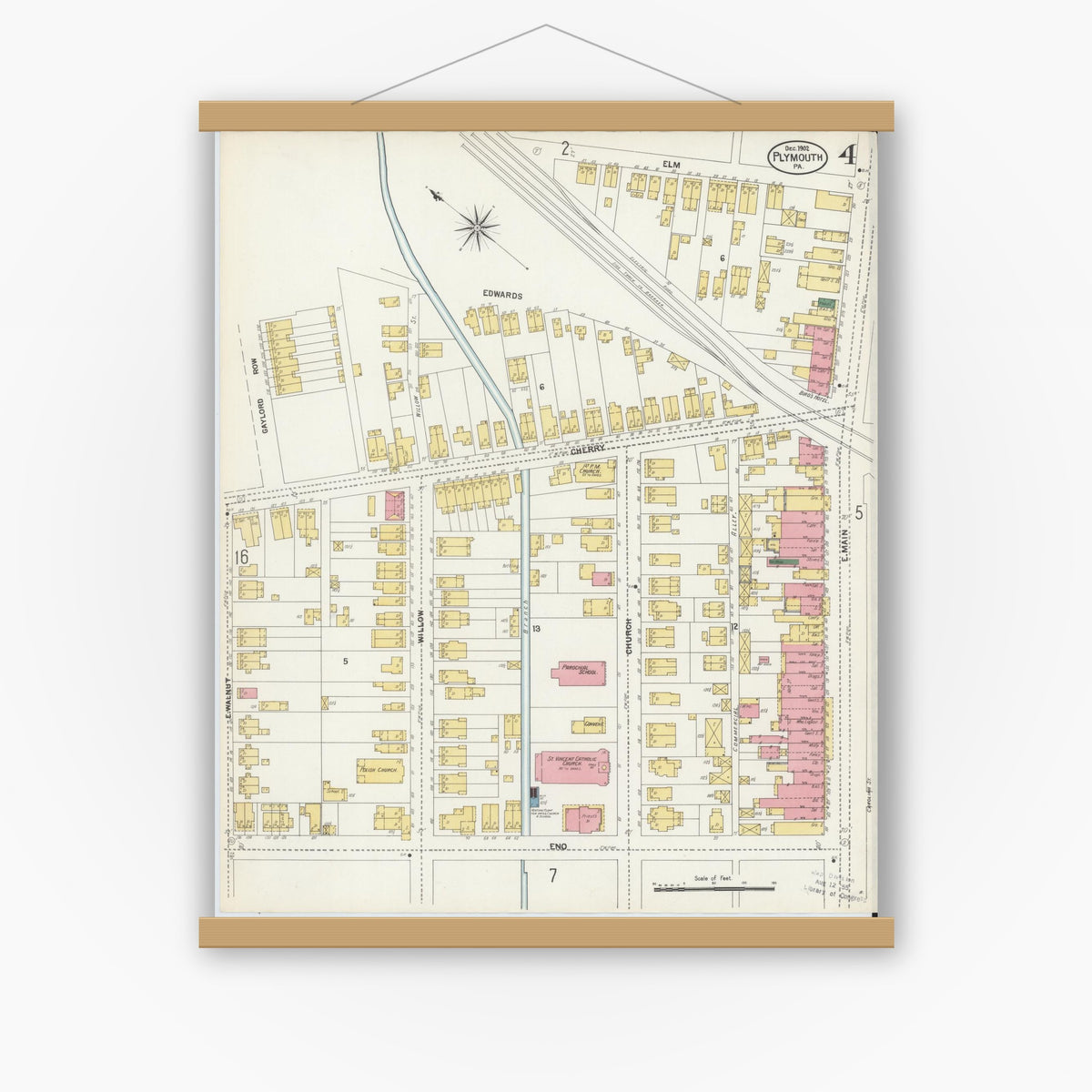 Old map wall art mockup — magnetic wood frame on white wall — Sanborn Fire Insurance Map from Plymouth, Luzerne County, Pennsylvania (1902), Sheet #0004