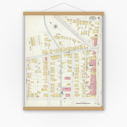 Old map wall art mockup — magnetic wood frame on white wall — Sanborn Fire Insurance Map from Plymouth, Luzerne County, Pennsylvania (1902), Sheet #0004