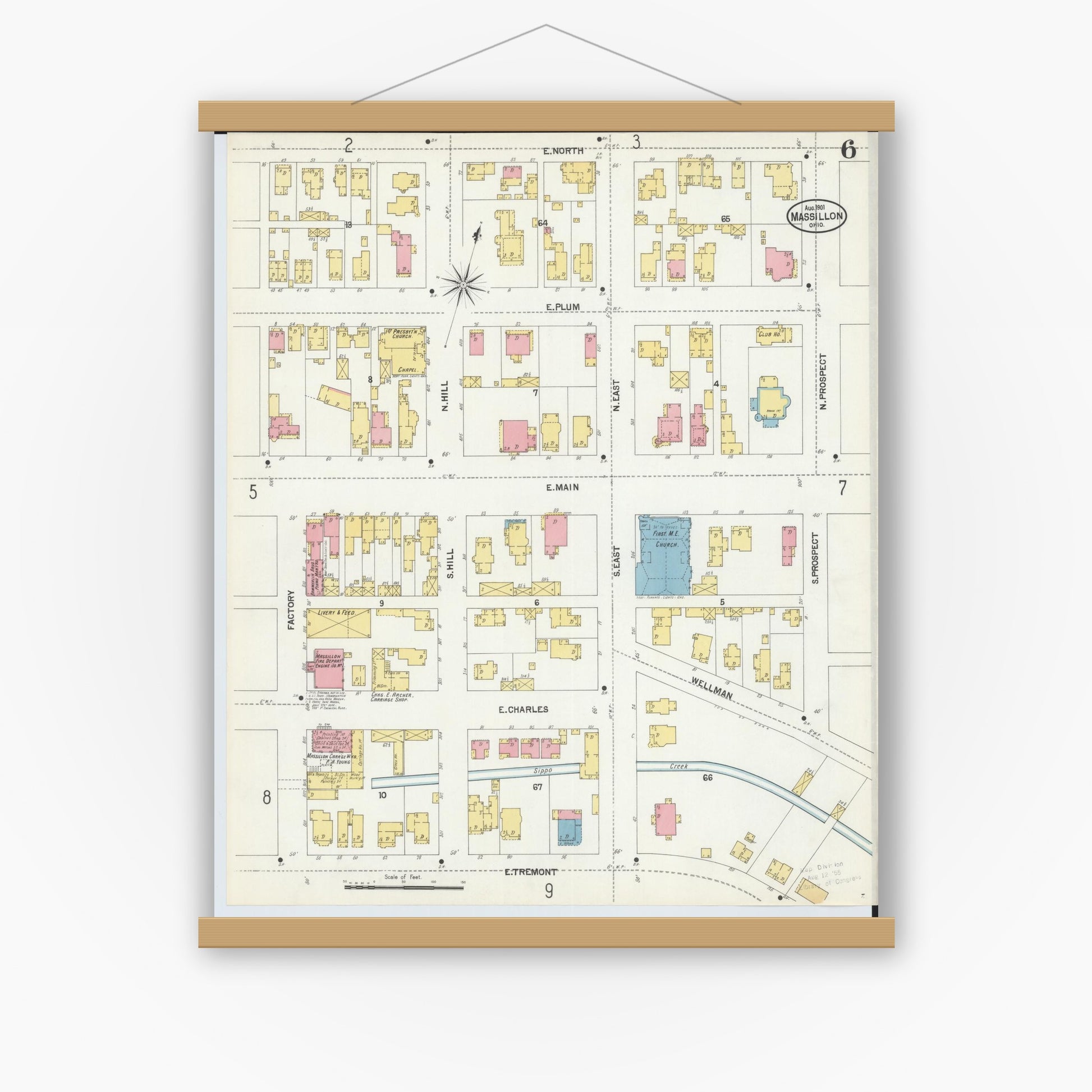 Old map wall art mockup — magnetic wood frame on white wall — Sanborn Fire Insurance Map from Massillon, Stark County, Ohio (1901), Sheet #0006