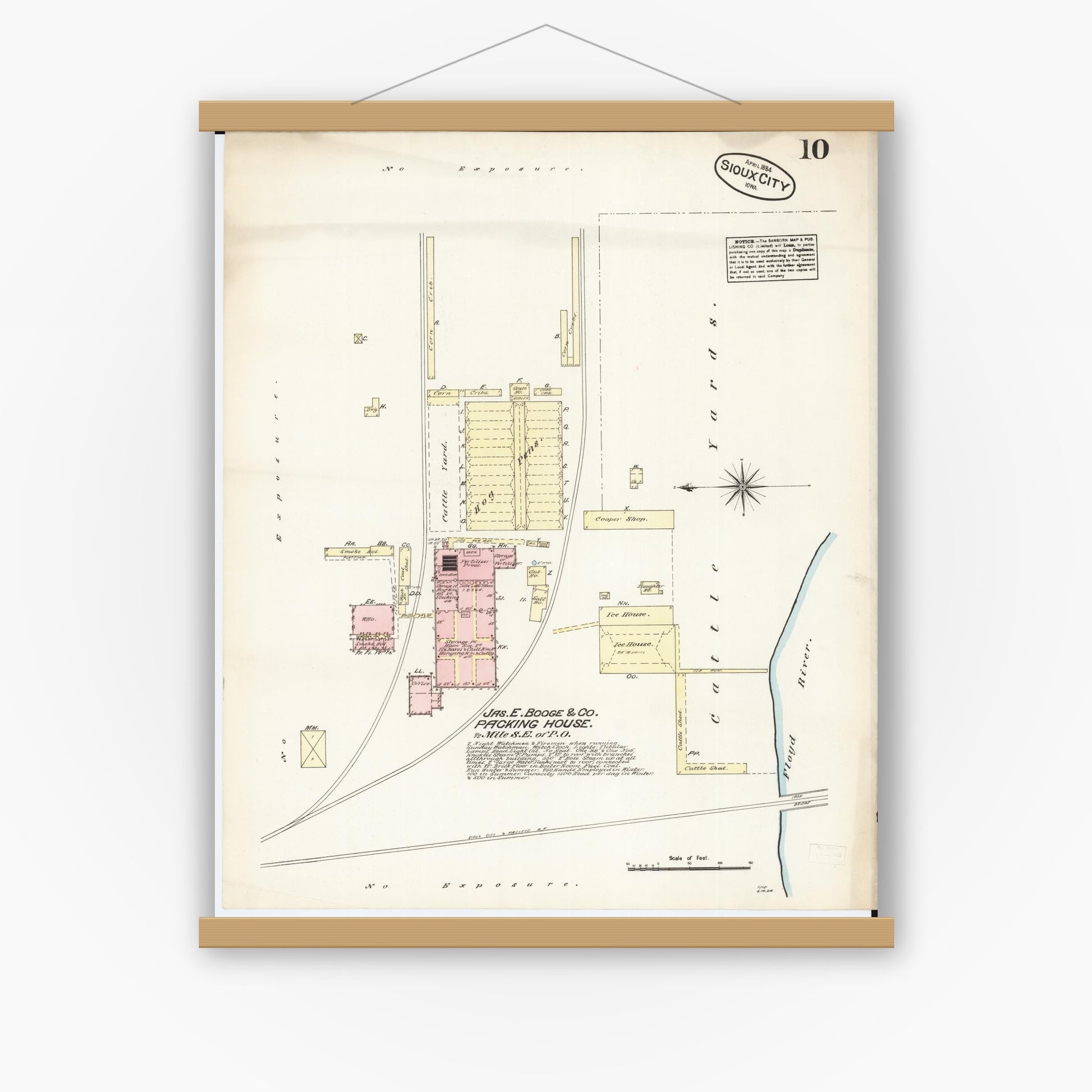 Old map wall art mockup — magnetic wood frame on white wall — Sanborn Fire Insurance Map from Sioux City, Woodbury County, Iowa (1884), Sheet #0010