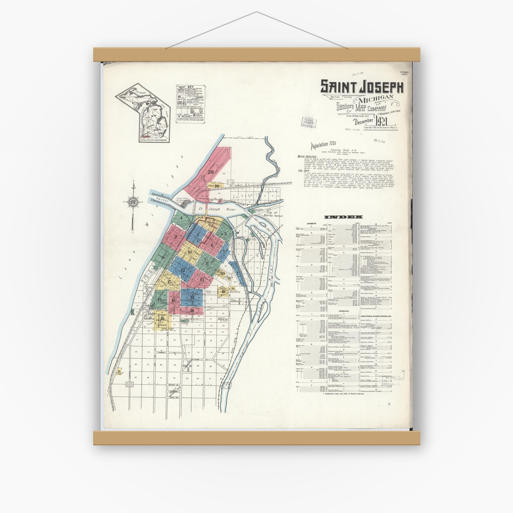 Old map wall art mockup — magnetic wood frame on white wall — Sanborn Fire Insurance Map from Saint Joseph, Berrien County, Michigan (1921) - Complete Map Set