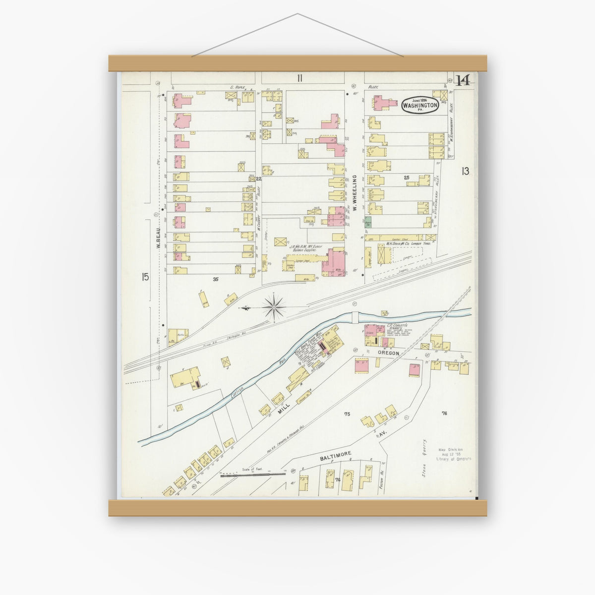 Old map wall art mockup — magnetic wood frame on white wall — Sanborn Fire Insurance Map from Washington, Washington County, Pennsylvania (1896), Sheet #0014