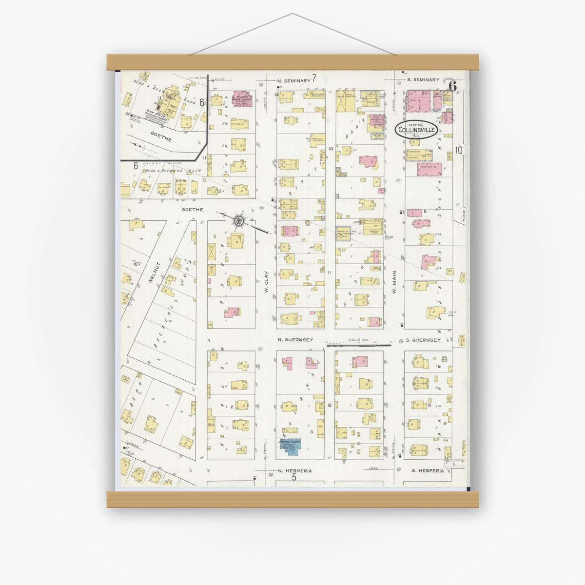 Old map wall art mockup — magnetic wood frame on white wall — Sanborn Fire Insurance Map from Collinsville, Madison County, Illinois (1915), Sheet #0006