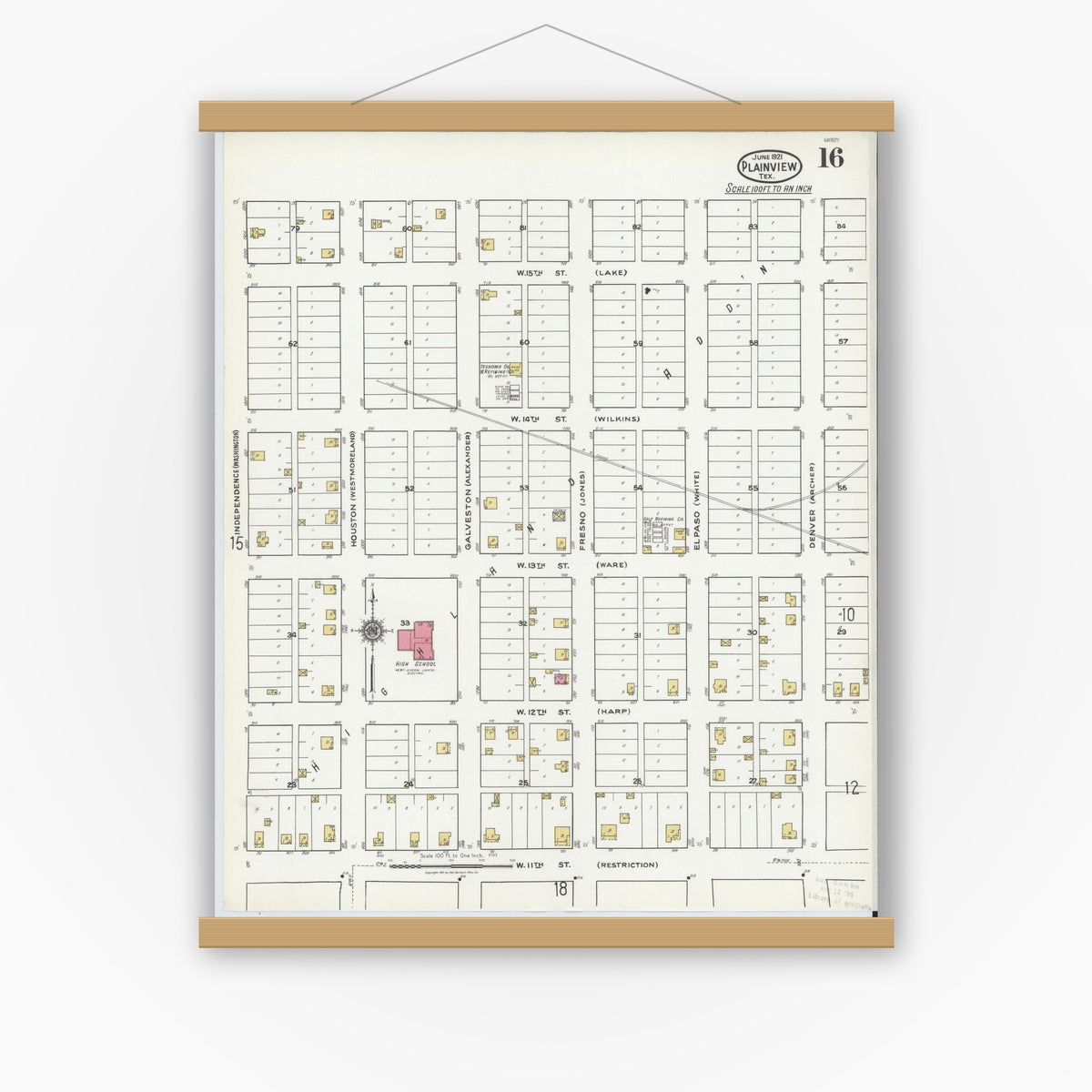 Old map wall art mockup — magnetic wood frame on white wall — Sanborn Fire Insurance Map from Plainview, Hale County, Texas (1921), Sheet #0016