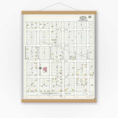 Old map wall art mockup — magnetic wood frame on white wall — Sanborn Fire Insurance Map from Plainview, Hale County, Texas (1921), Sheet #0016