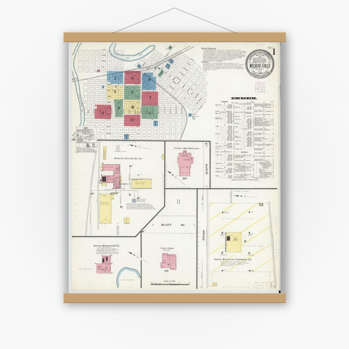 Old map wall art mockup — magnetic wood frame on white wall — Sanborn Fire Insurance Map from Wichita Falls, Wichita County, Texas (1908) - Complete Map Set