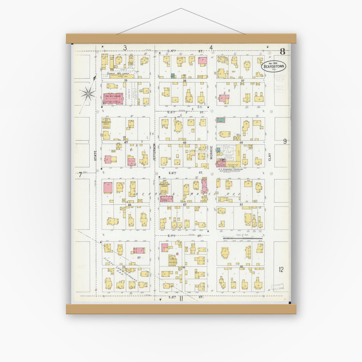 Old map wall art mockup — magnetic wood frame on white wall — Sanborn Fire Insurance Map from Beardstown, Cass County, Illinois (1900), Sheet #0008