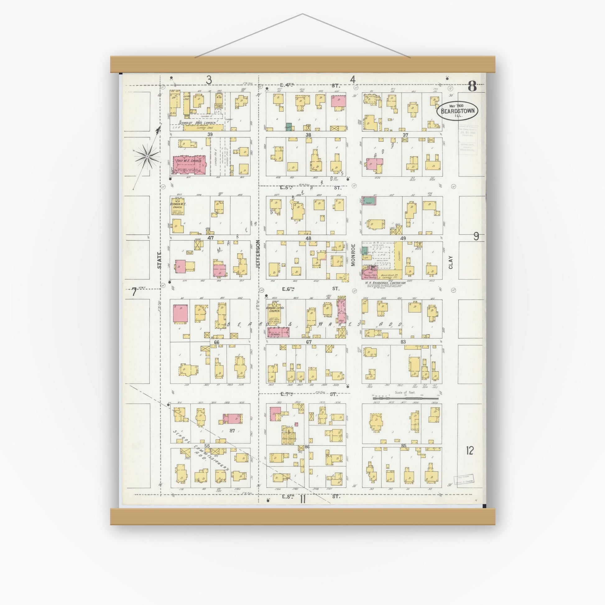 Old map wall art mockup — magnetic wood frame on white wall — Sanborn Fire Insurance Map from Beardstown, Cass County, Illinois (1900), Sheet #0008