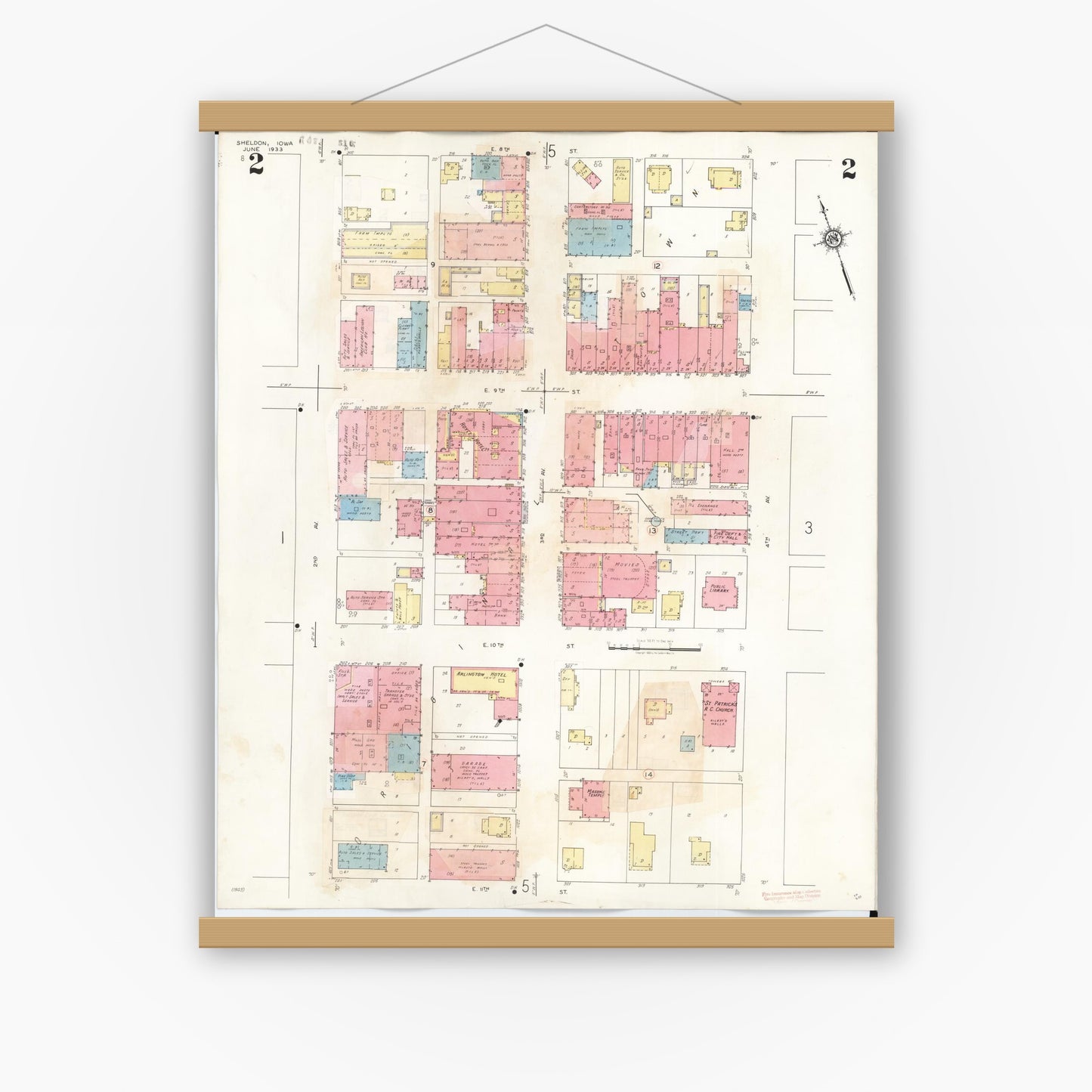 Old map wall art mockup — magnetic wood frame on white wall — Sanborn Fire Insurance Map from Sheldon, O'Brien County, Iowa (1948), Sheet #0002