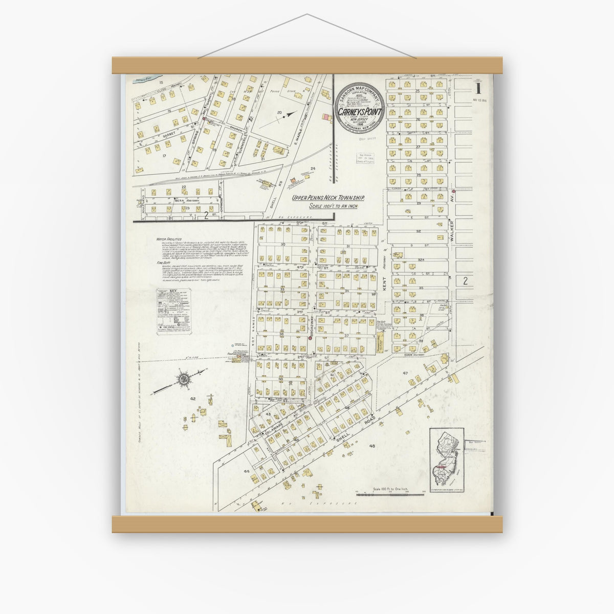 Old map wall art mockup — magnetic wood frame on white wall — Sanborn Fire Insurance Map from Carneys Point, Salem County, New Jersey (1916) - Complete Map Set