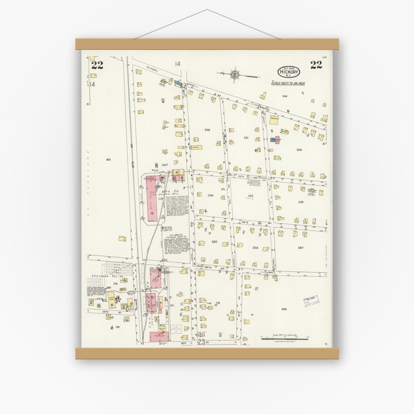Old map wall art mockup — magnetic wood frame on white wall — Sanborn Fire Insurance Map from Hickory, Catawba County, North Carolina (1925), Sheet #0022