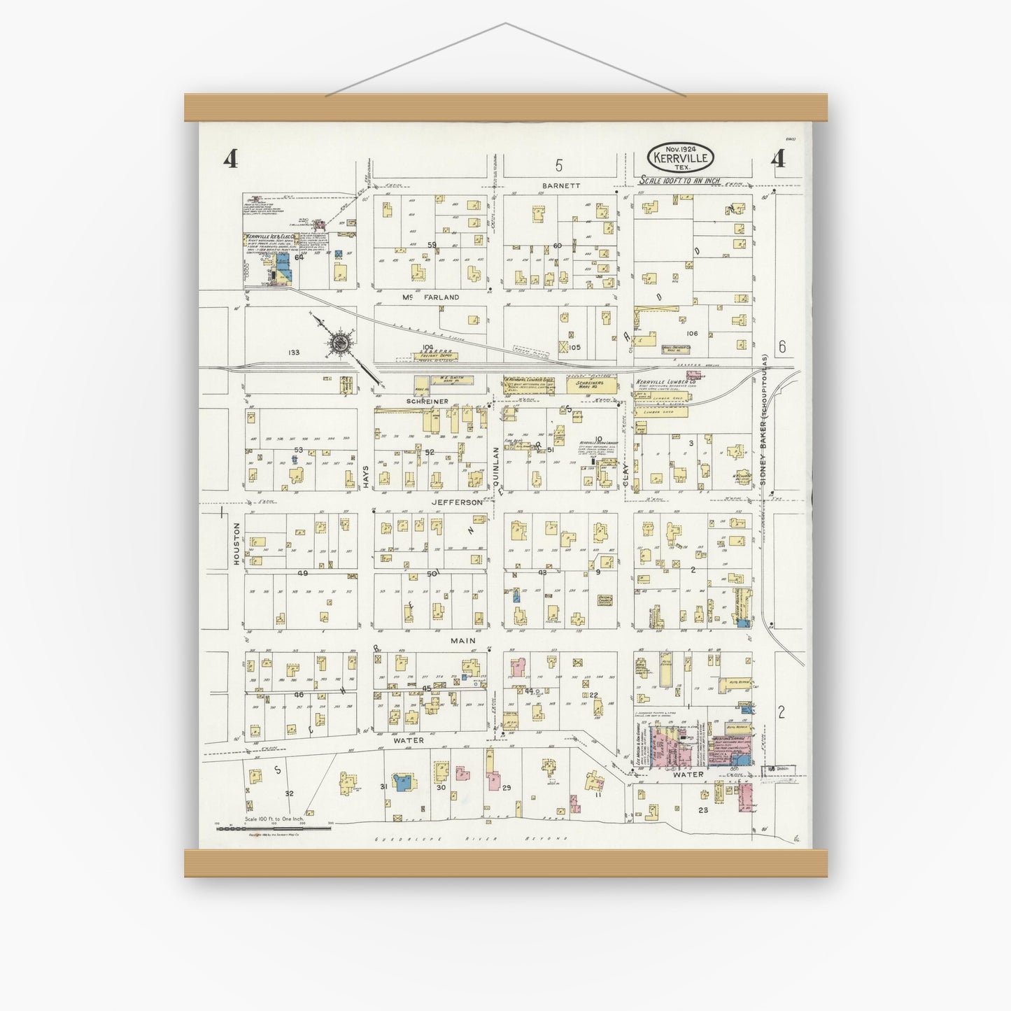 Old map wall art mockup — magnetic wood frame on white wall — Sanborn Fire Insurance Map from Kerrville, Kerr County, Texas (1924), Sheet #0004