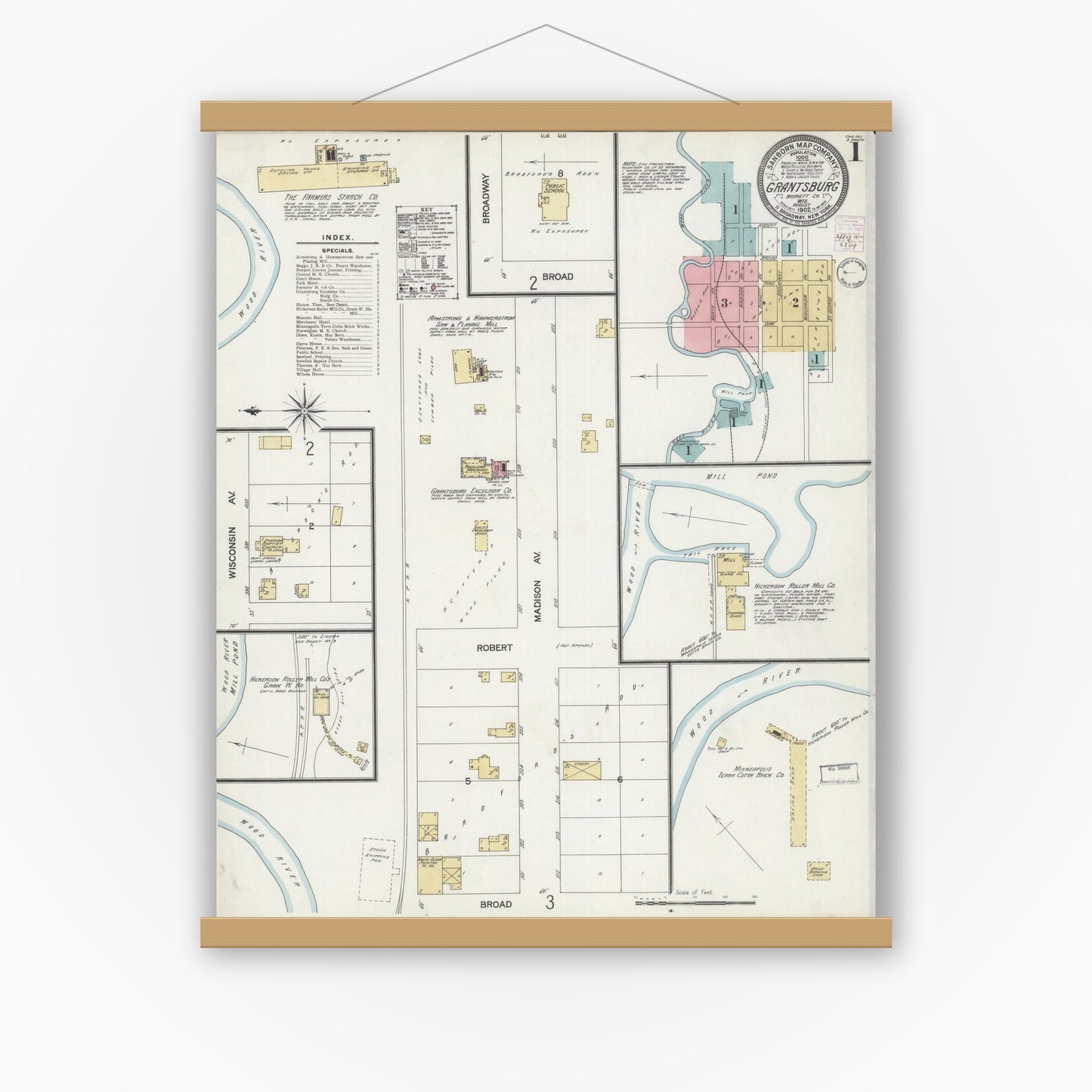 Old map wall art mockup — magnetic wood frame on white wall — Sanborn Fire Insurance Map from Grantsburg, Burnett County, Wisconsin (1902) - Complete Map Set