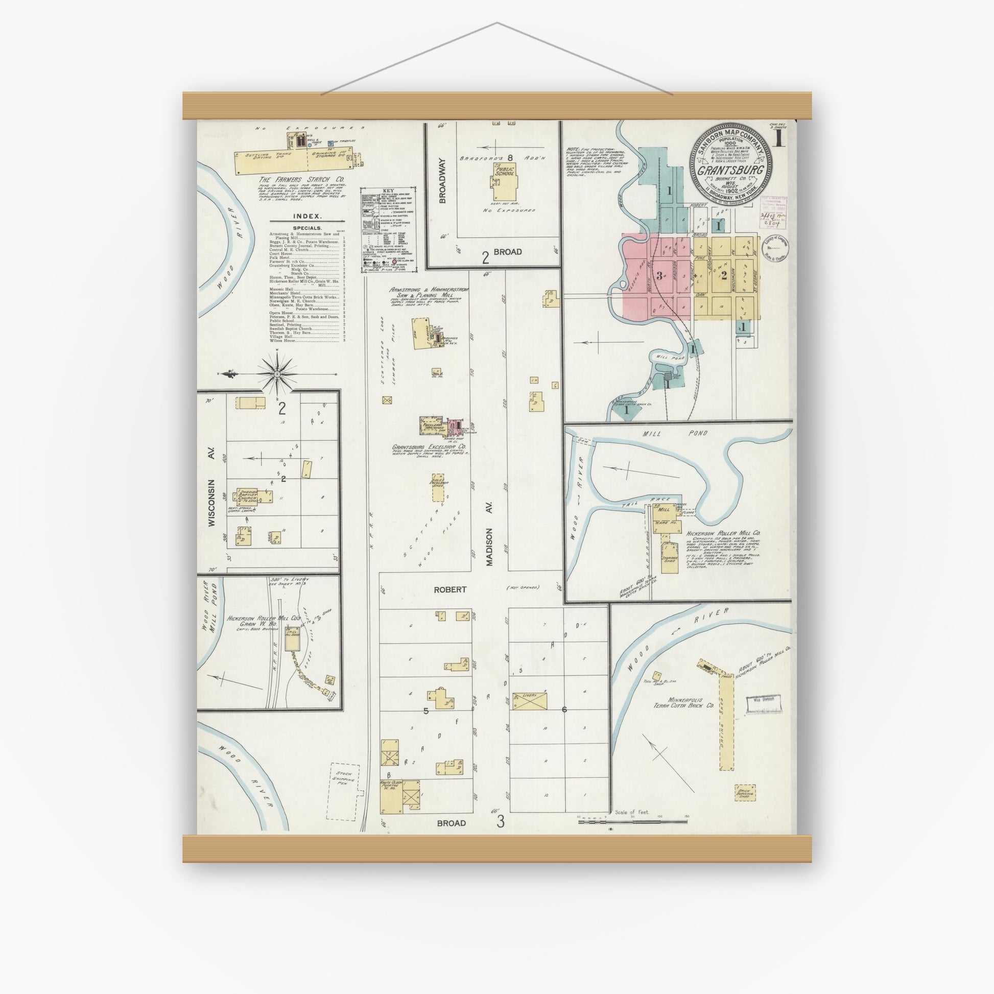 Old map wall art mockup — magnetic wood frame on white wall — Sanborn Fire Insurance Map from Grantsburg, Burnett County, Wisconsin (1902) - Complete Map Set