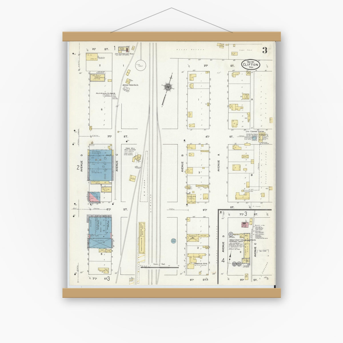 Old map wall art mockup — magnetic wood frame on white wall — Sanborn Fire Insurance Map from Clifton, Bosque County, Texas (1911), Sheet #0003