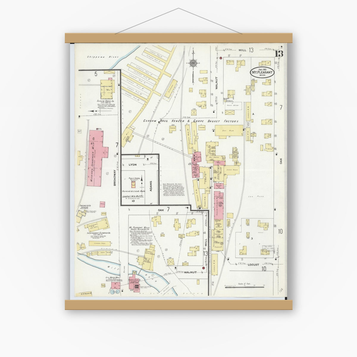 Old map wall art mockup — magnetic wood frame on white wall — Sanborn Fire Insurance Map from Mount Pleasant, Isabella County, Michigan (1910), Sheet #0013