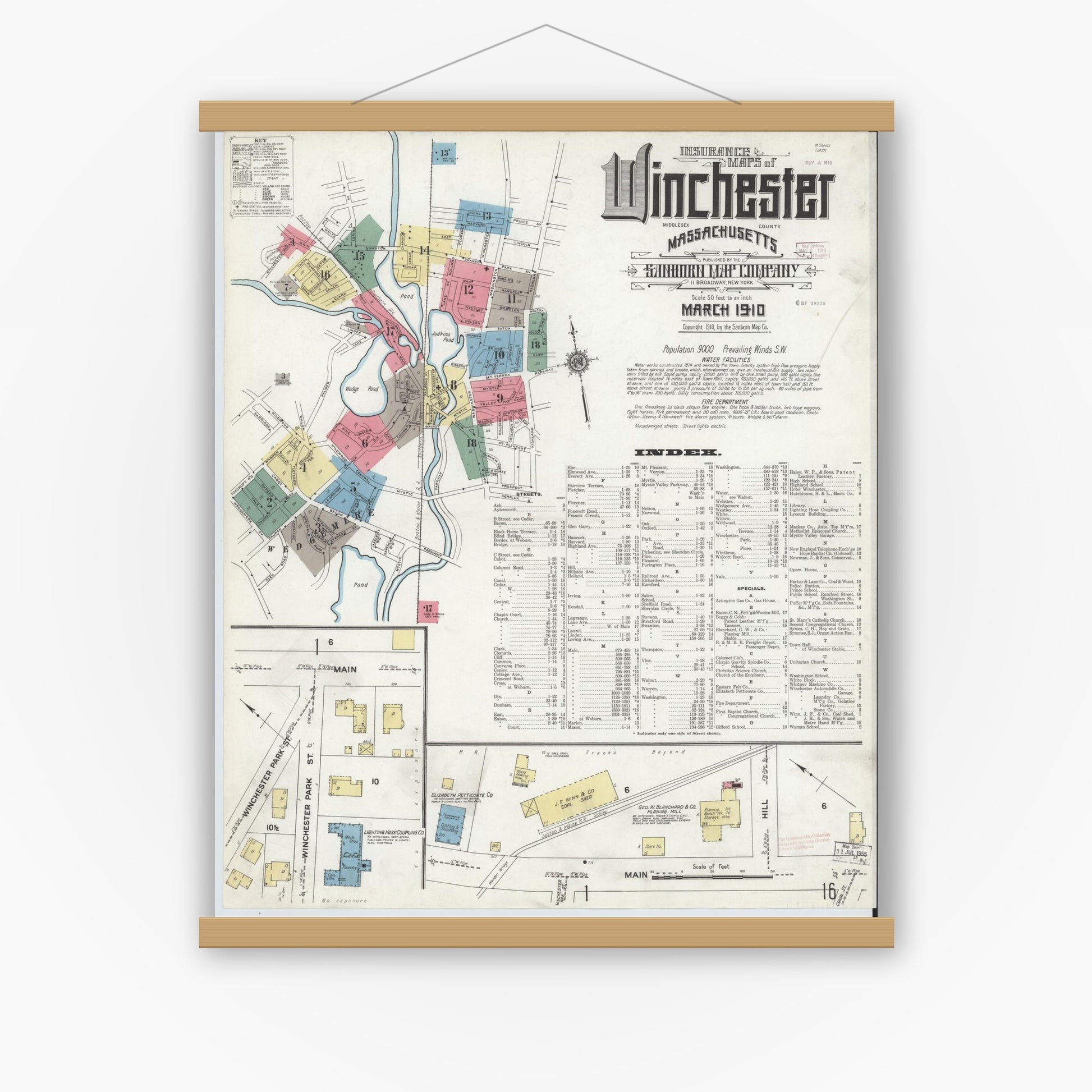 Old map wall art mockup — magnetic wood frame on white wall — Sanborn Fire Insurance Map from Winchester, Middlesex County, Massachusetts (1910) - Complete Map Set