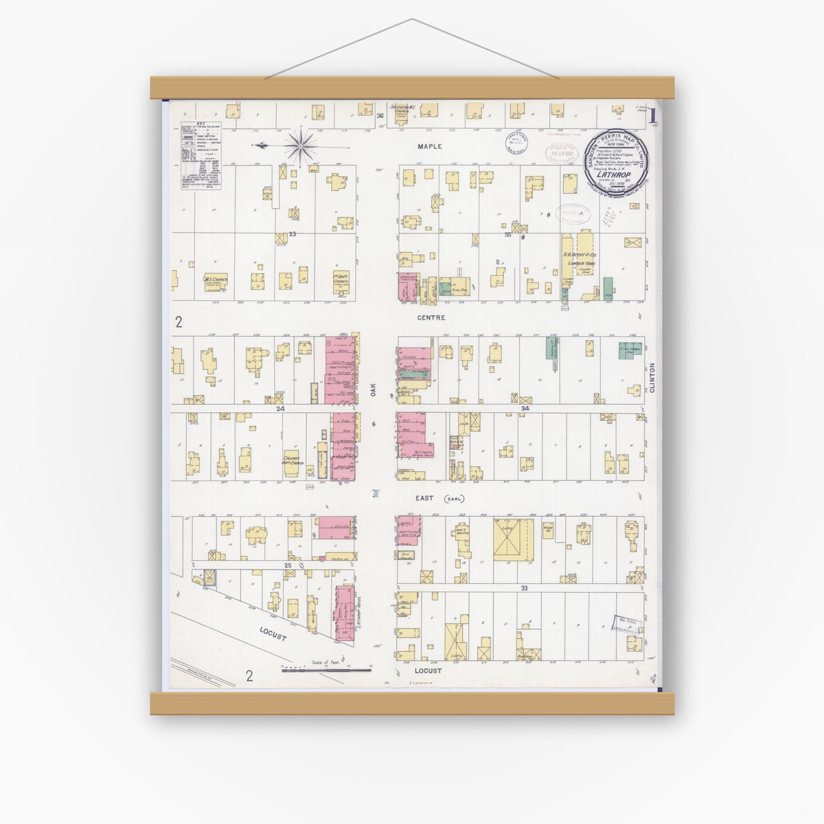 Old map wall art mockup — magnetic wood frame on white wall — Sanborn Fire Insurance Map from Lathrop, Clinton County, Missouri (1898), Sheet #0001