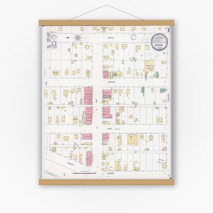 Old map wall art mockup — magnetic wood frame on white wall — Sanborn Fire Insurance Map from Lathrop, Clinton County, Missouri (1898), Sheet #0001