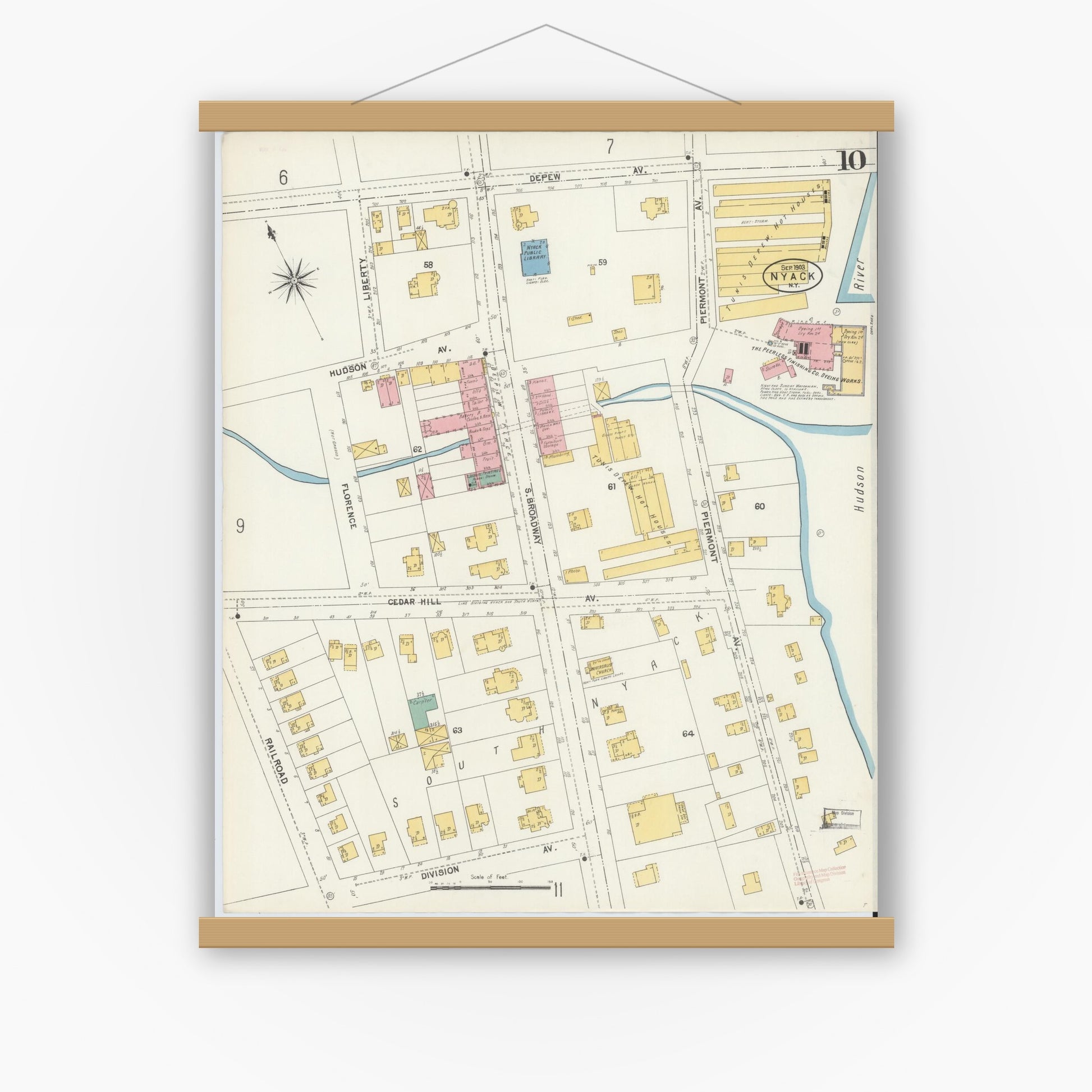 Old map wall art mockup — magnetic wood frame on white wall — Sanborn Fire Insurance Map from Nyack, Rockland County, New York. (1903), Sheet #0010