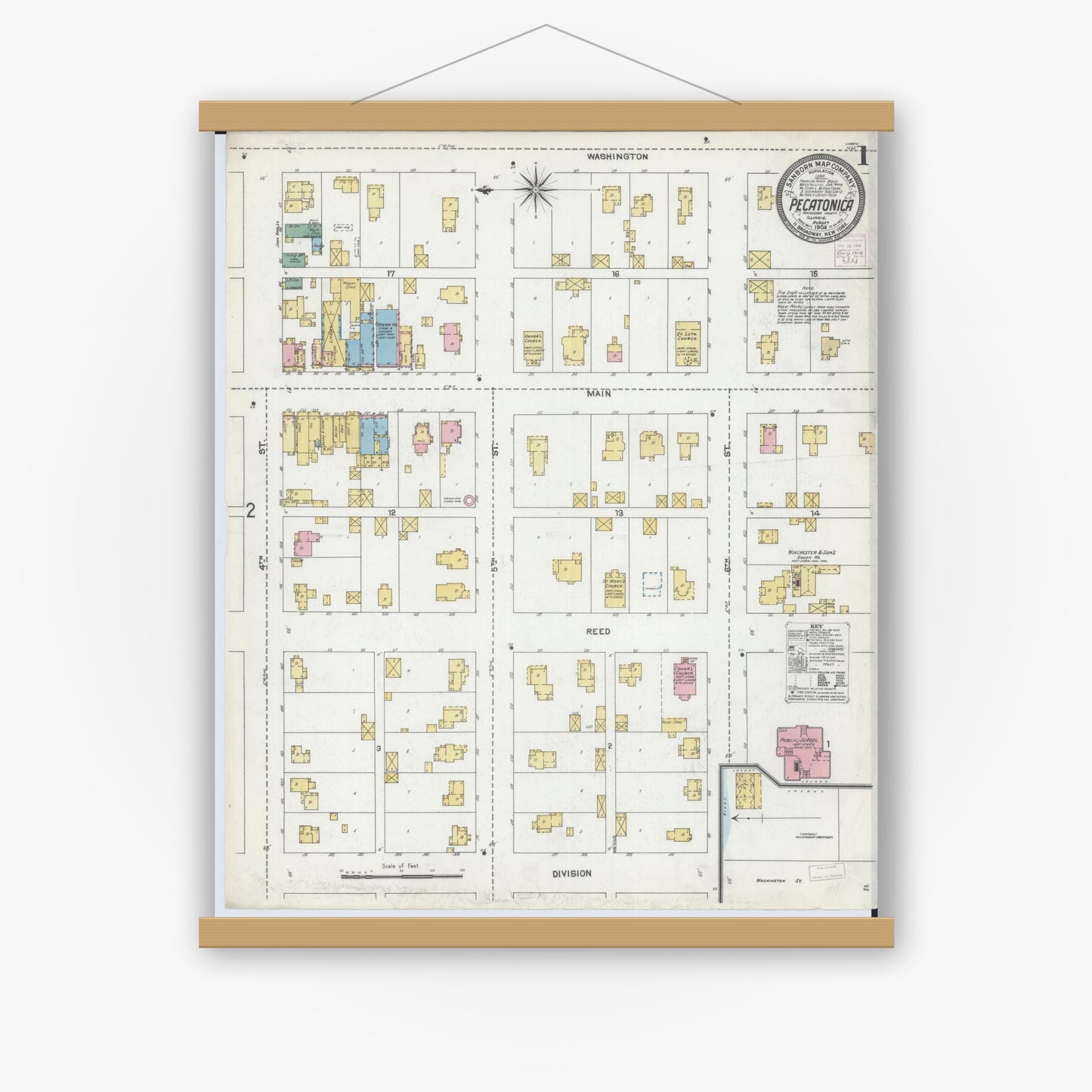 Old map wall art mockup — magnetic wood frame on white wall — Sanborn Fire Insurance Map from Pecatonica, Winnebago County, Illinois (1904), Sheet #0001