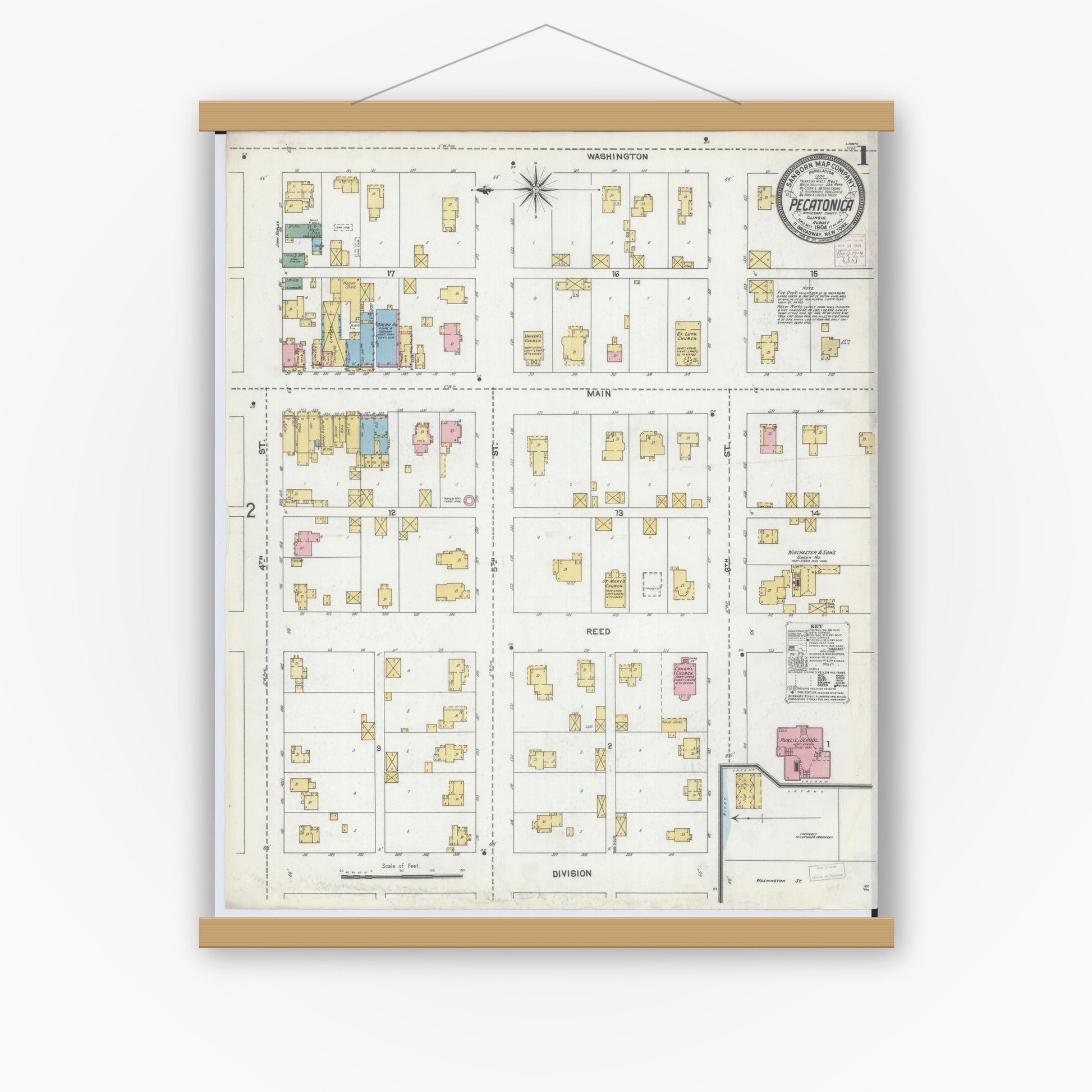 Old map wall art mockup — magnetic wood frame on white wall — Sanborn Fire Insurance Map from Pecatonica, Winnebago County, Illinois (1904), Sheet #0001