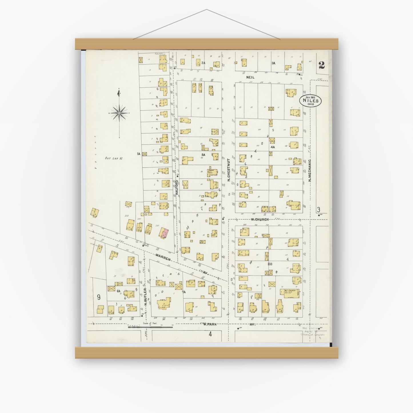 Old map wall art mockup — magnetic wood frame on white wall — Sanborn Fire Insurance Map from Niles, Trumbull County, Ohio (1902), Sheet #0002