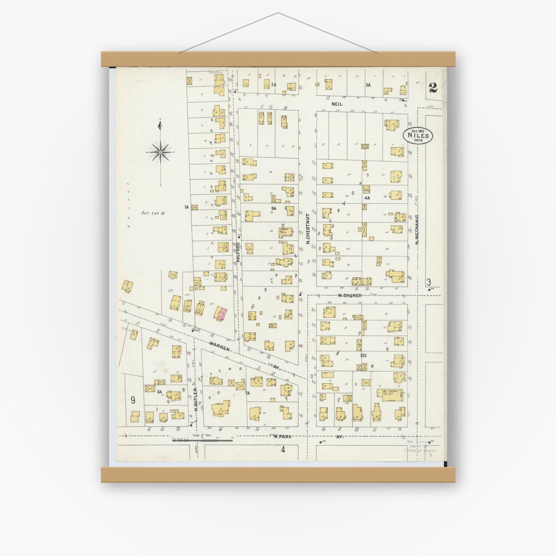 Old map wall art mockup — magnetic wood frame on white wall — Sanborn Fire Insurance Map from Niles, Trumbull County, Ohio (1902), Sheet #0002