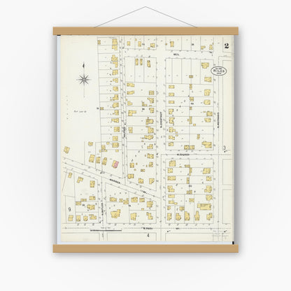 Old map wall art mockup — magnetic wood frame on white wall — Sanborn Fire Insurance Map from Niles, Trumbull County, Ohio (1902), Sheet #0002