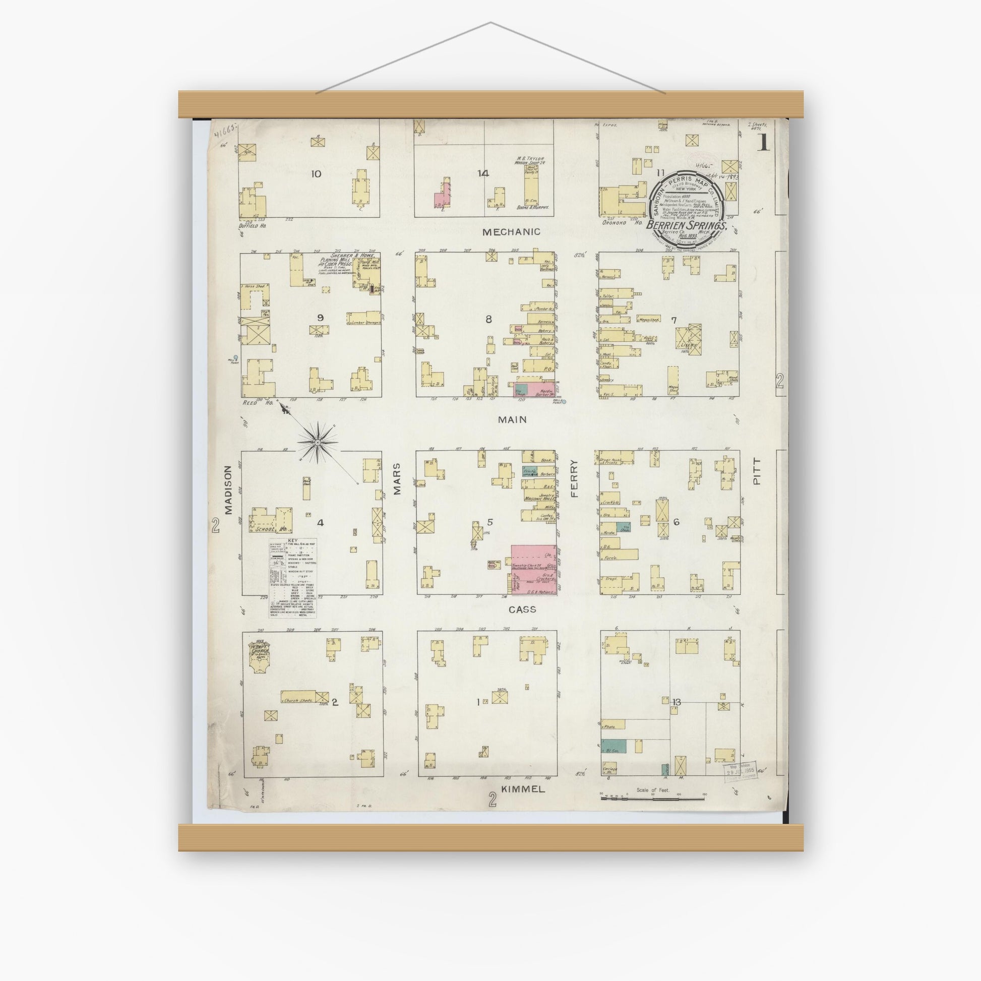 Old map wall art mockup — magnetic wood frame on white wall — Sanborn Fire Insurance Map from Berrien Springs, Berrien County, Michigan (1893), Sheet #0001