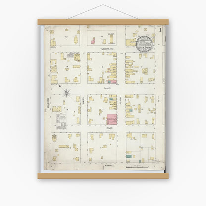Old map wall art mockup — magnetic wood frame on white wall — Sanborn Fire Insurance Map from Berrien Springs, Berrien County, Michigan (1893), Sheet #0001